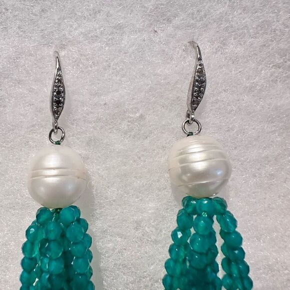 NWT Rarities Cultured Pearls Brazilian Emerald Pave Diamonds Tassel Earrings - Picture 2 of 2